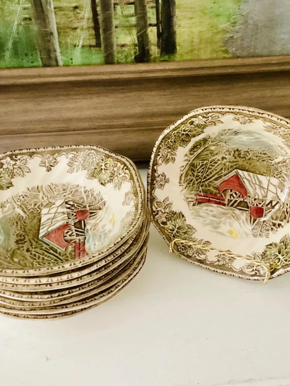 The Friendly Village Johnson Brothers bowls Set of 8 England The covered Bridge
